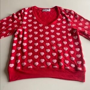 Wildfox Red Baggy Beach Jumper with Pink Hearts